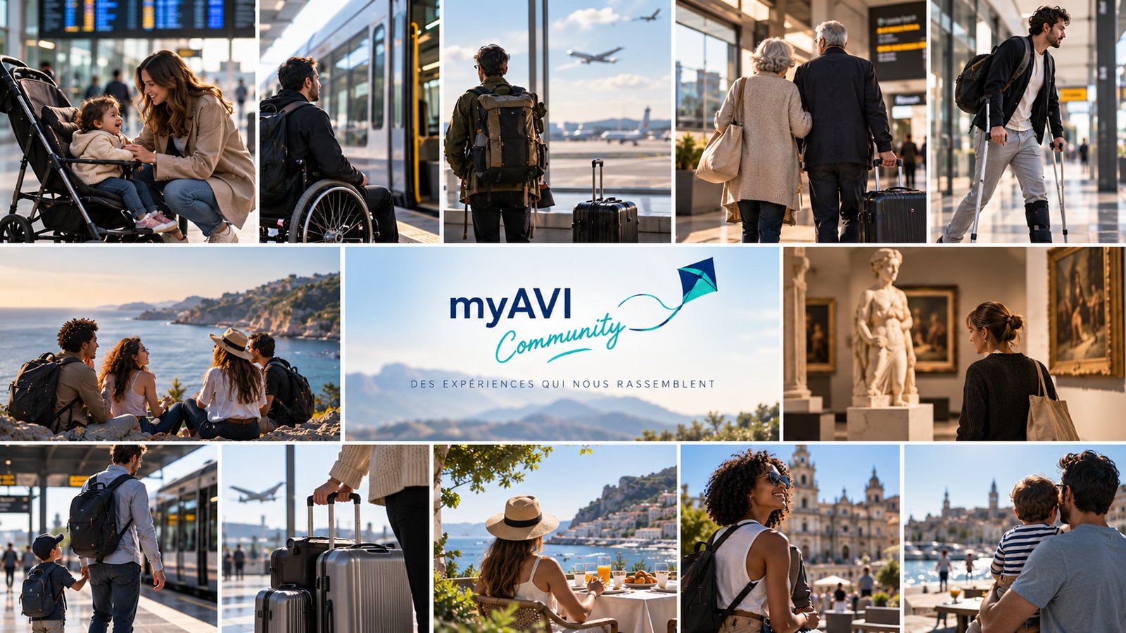 Collage de voyages : famille, gare, littoral, musée, ville, en compagnie du logo myAVI Community