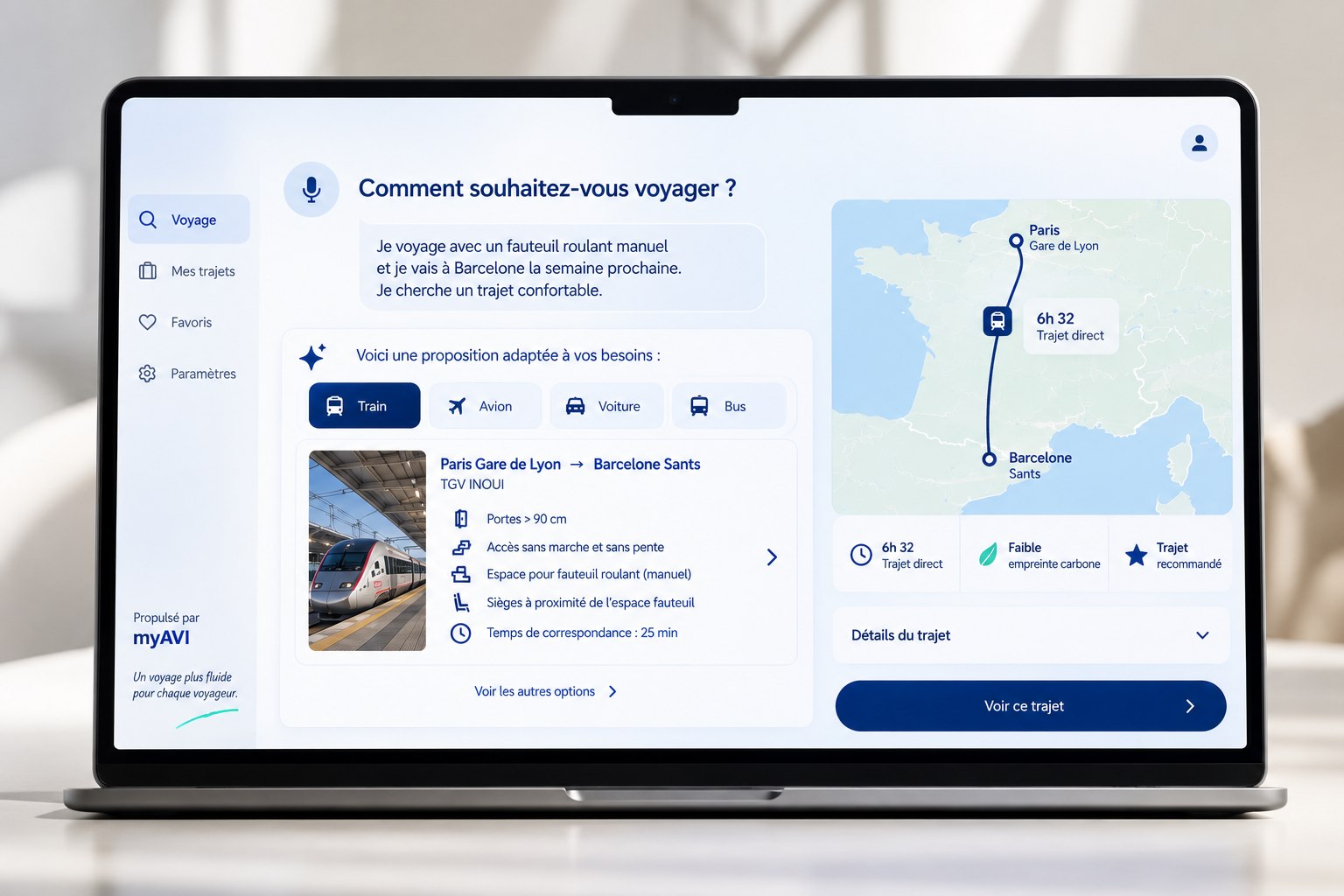 Interface myAVI Mobility sur ordinateur : recherche d'un trajet Paris-Barcelone avec options accessibles