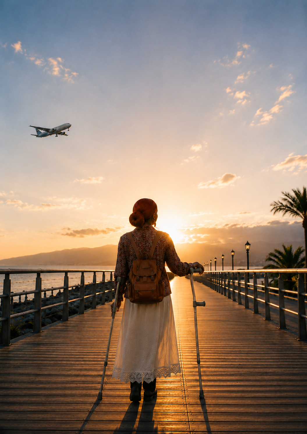 Evy, cofondatrice de myAVI Mobility, sur une jetée face au lever du soleil, avec des béquilles