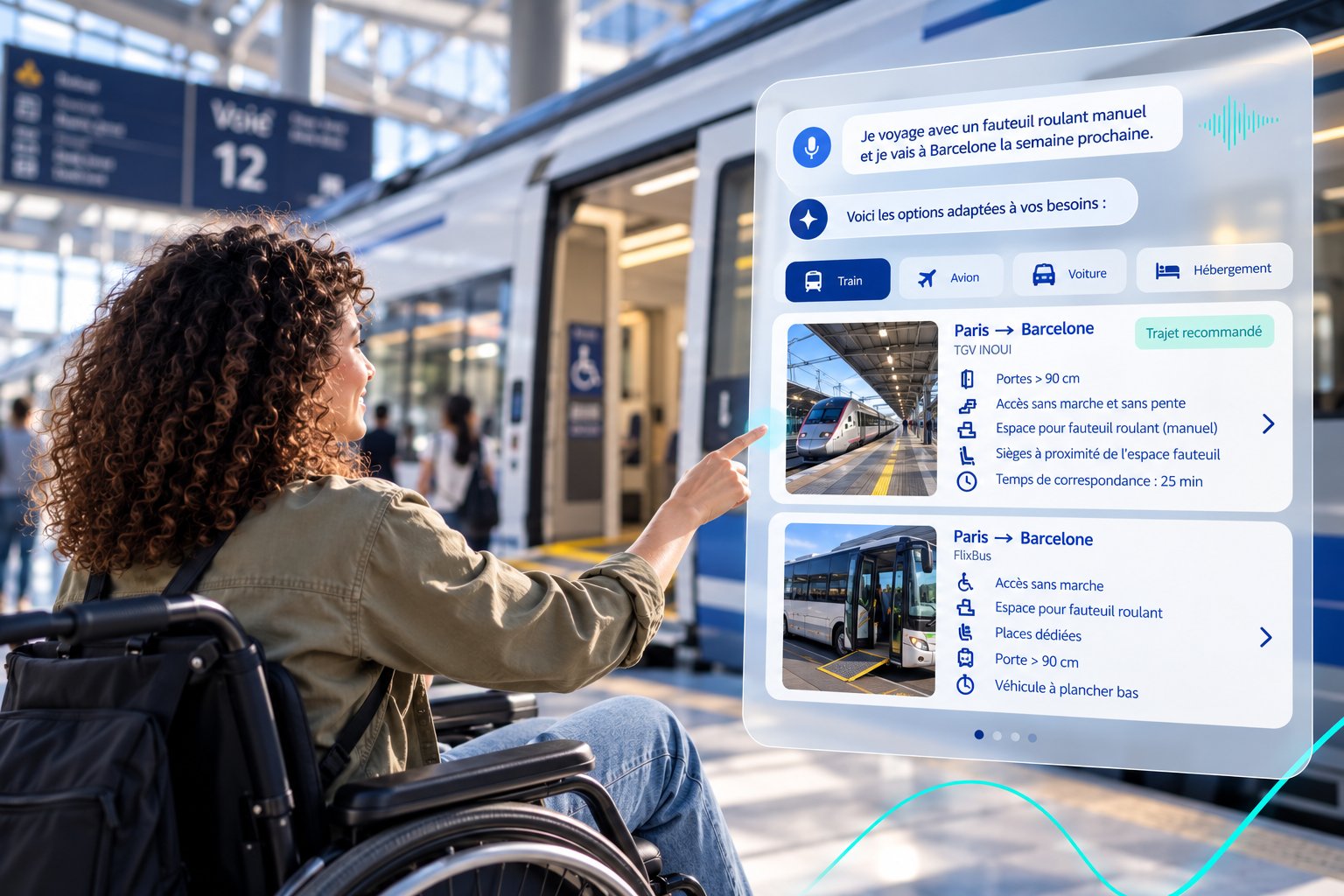 Un voyageur consulte myAVI Mobility sur un quai, avec une comparaison de trajets accessibles