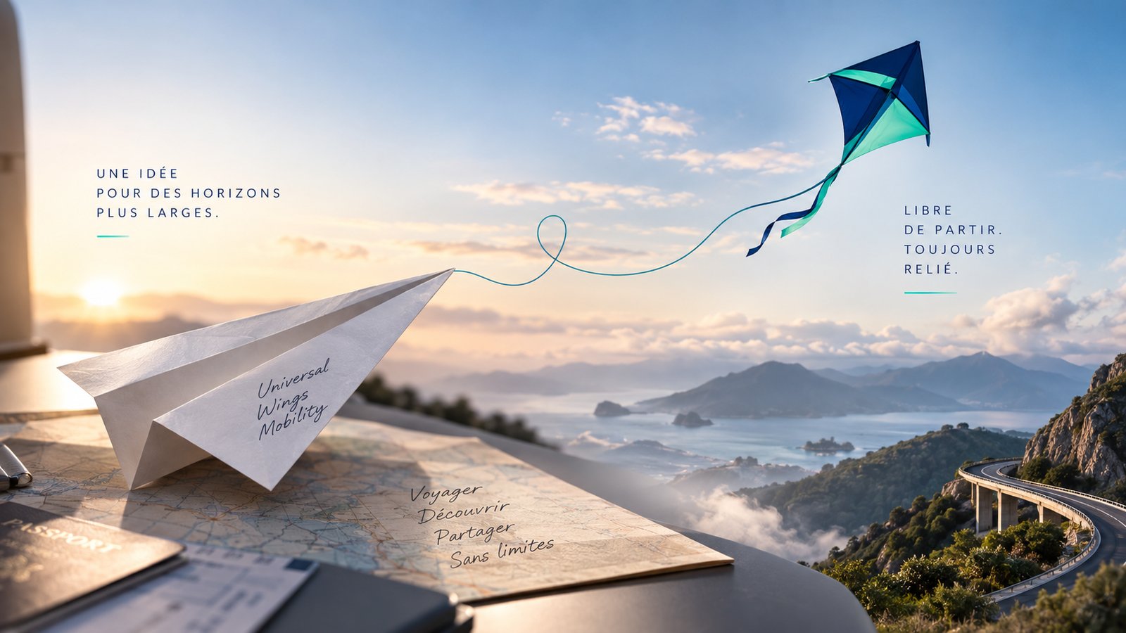 Un avion en papier relié par un fil à un cerf-volant, au-dessus d'un paysage au lever du soleil